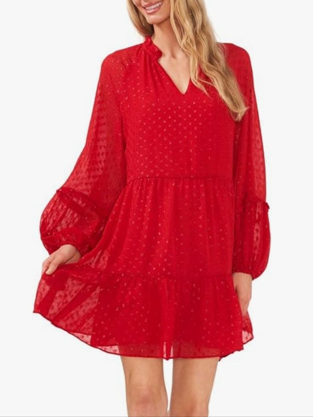 CeCe Red Swiss Dot V-Neck Tiered Mini Shift Dress Long Sleeves Size Medium